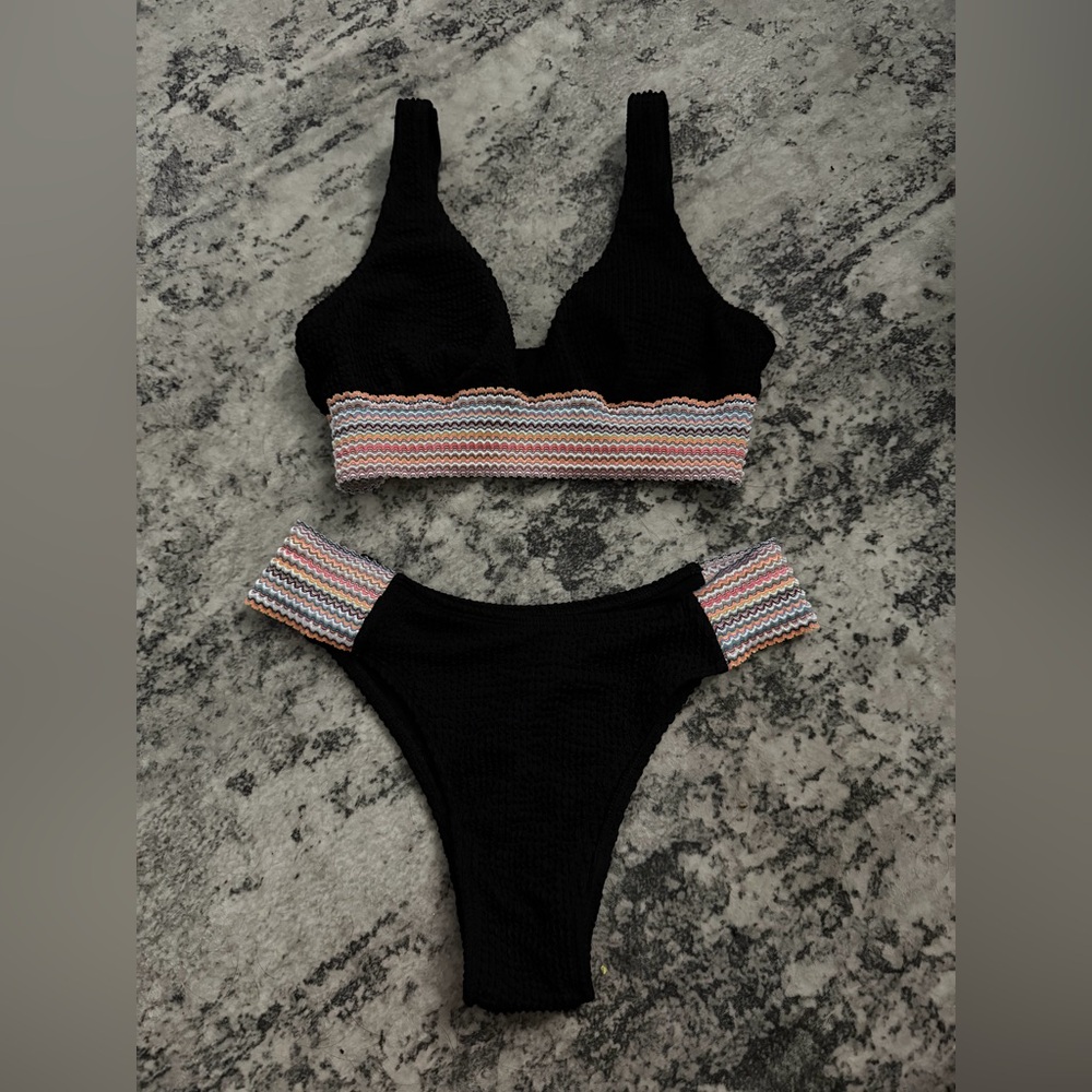 Black Two-Piece Women's Swim Set with Multicolor Trim